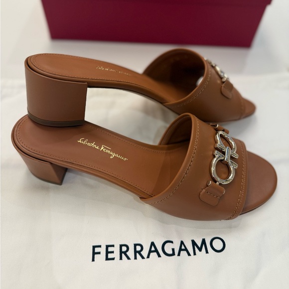 Salvatore Ferragamo Shoes - Salvatore Ladies‎ Brown Rhodes Gancini Heel Sandals, Size 9.5